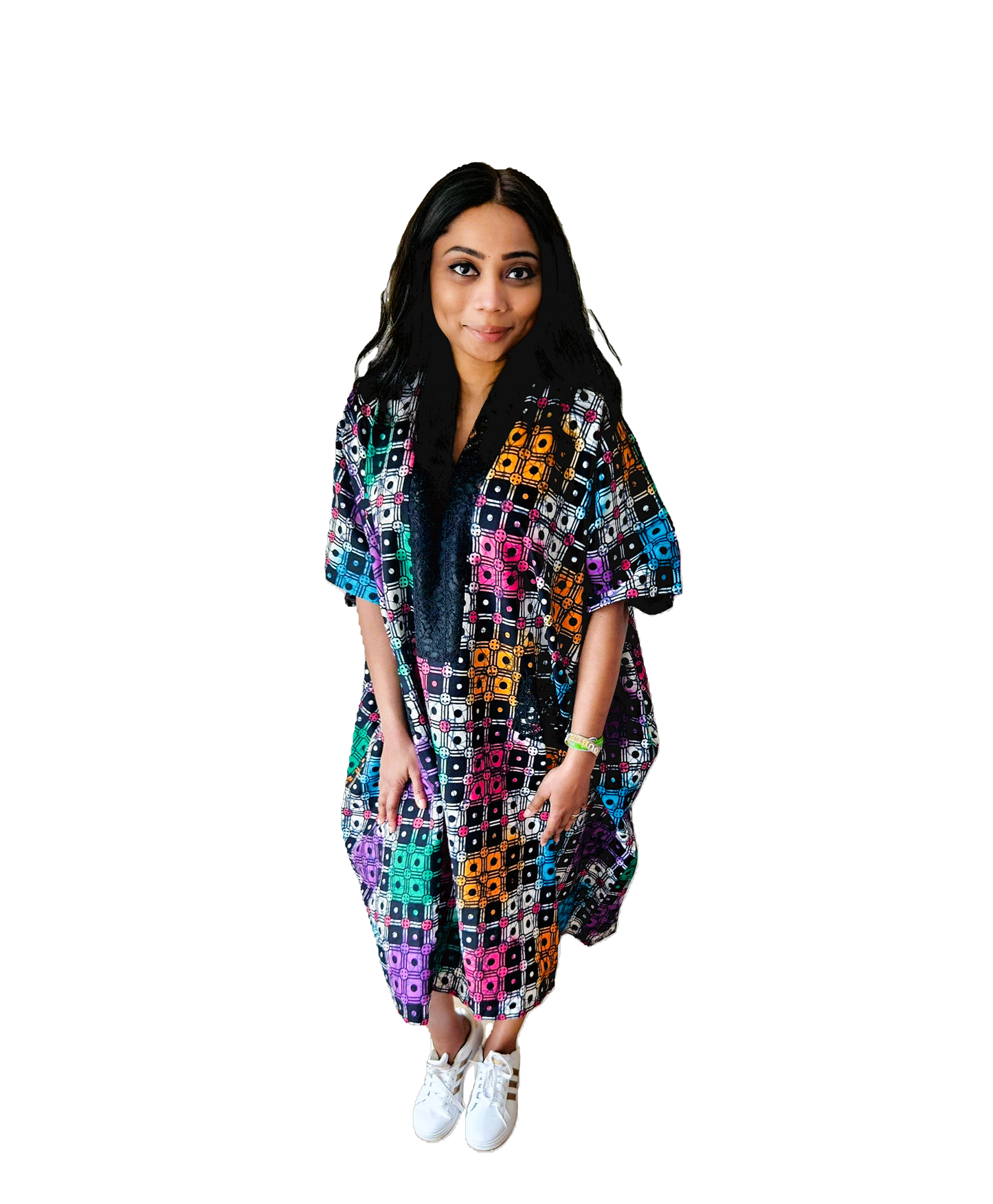 Bold Geometric Print Midi Dress with Chantilly Lace