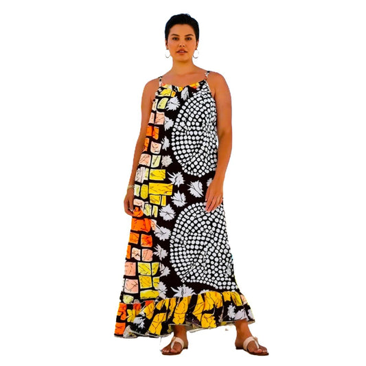 Plus-Size Timeless Floral Print Maxi Kimono Boho Yellow Dress, Sleeveless Summer, Vacation Dress with Spaghetti Tie-Strap, Kaftan