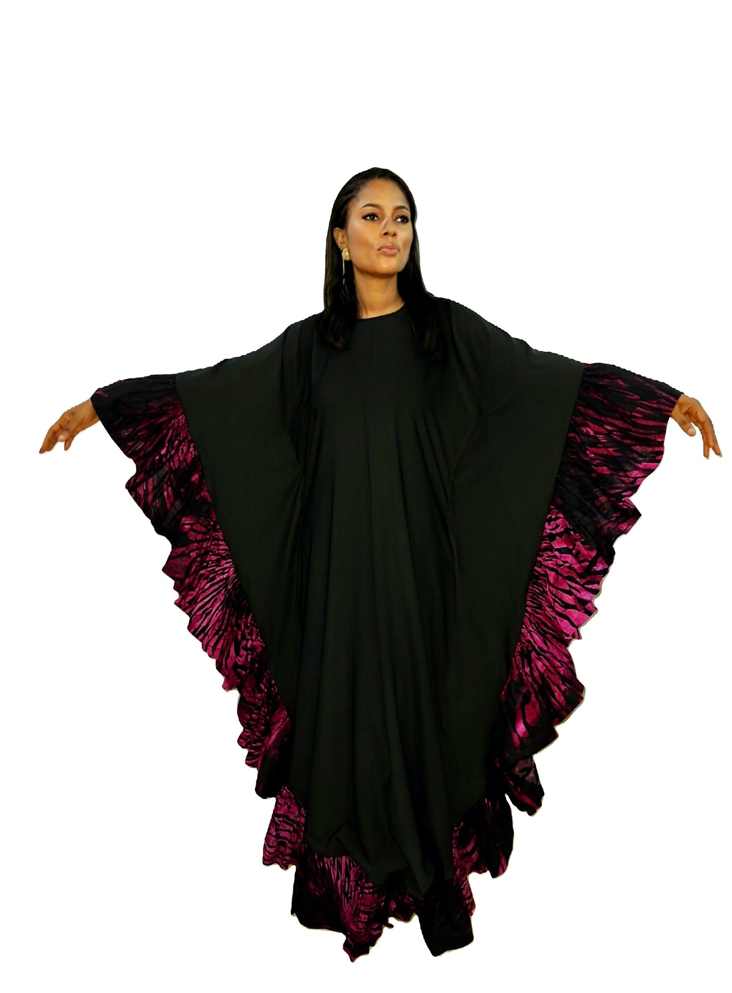 Flowing Black Kaftan Dress with Bold Pink Accents