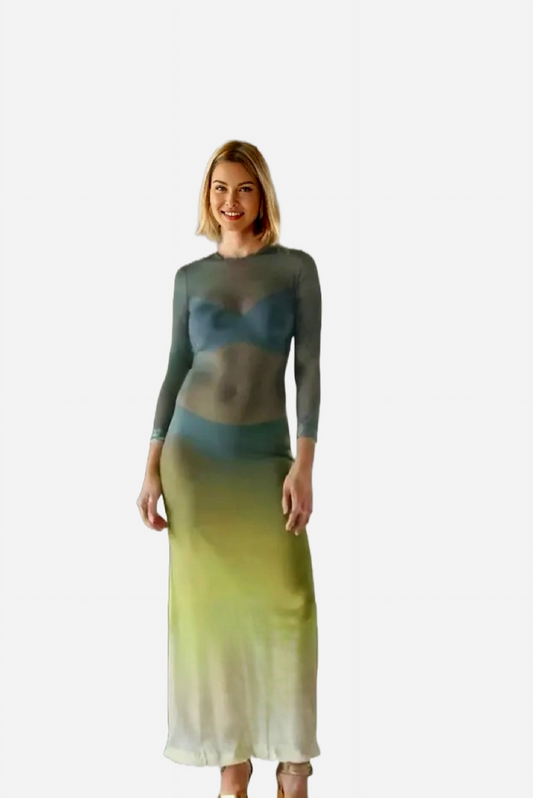 Olive Glow – Elegant Ombre Mesh Maxi Dress