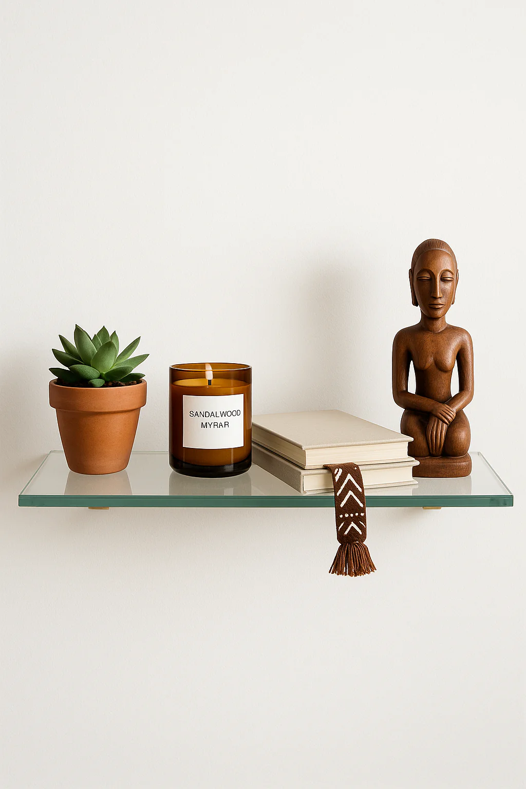 Glass shelf with a potted plant, candle, books, and wooden figurine on a white background
