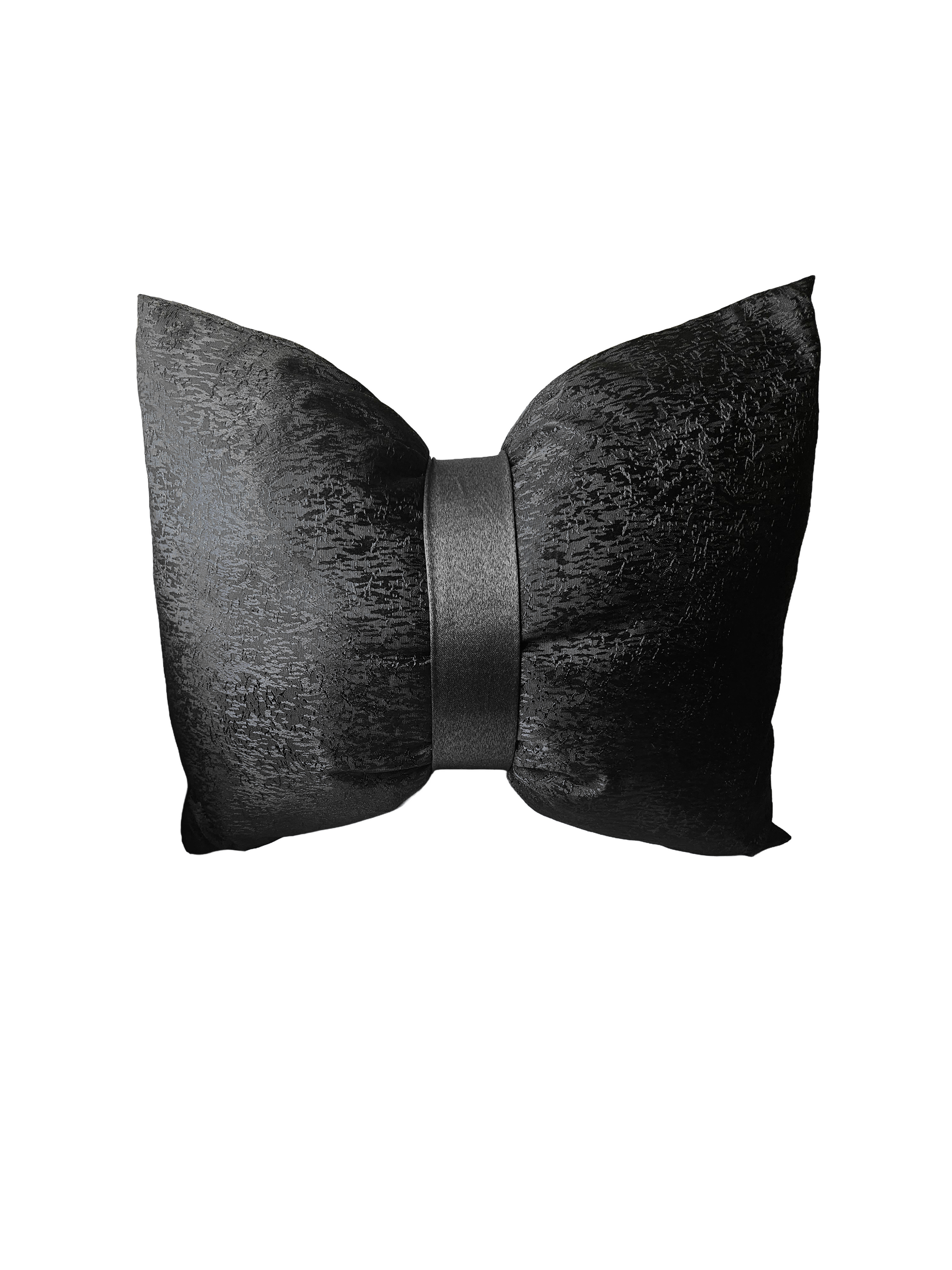 Black textured bow-shaped pillow on a white background