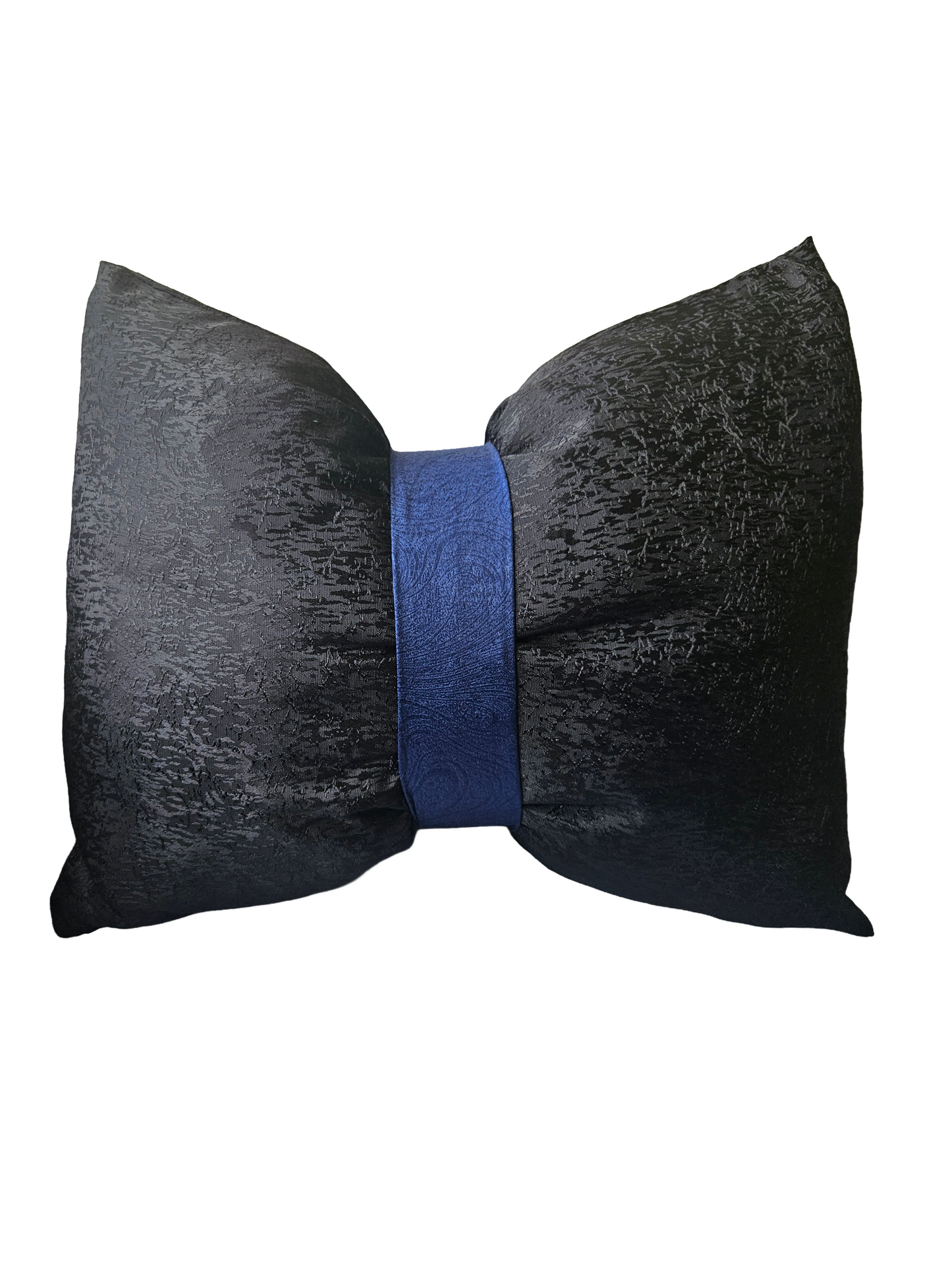 Black textured bow-shaped pillow with blue accent on a white background