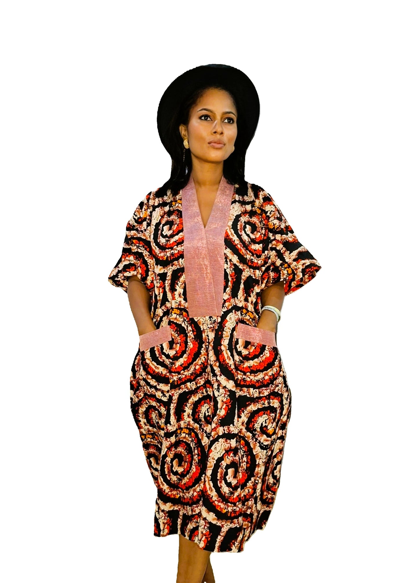 Pink Swirl Pattern Midi Kimono Dress
