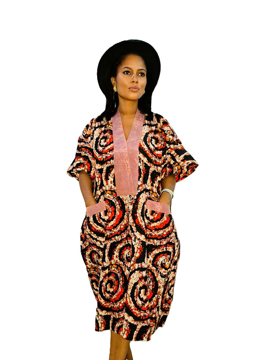 Pink Swirl Pattern Midi Kimono Dress