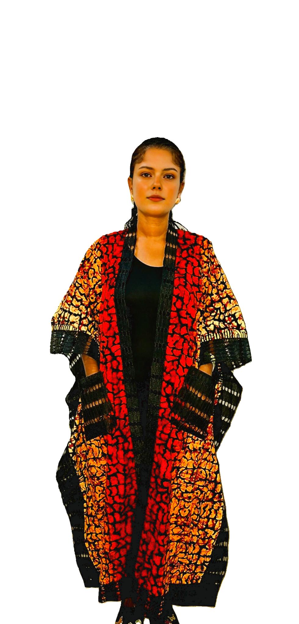 Elegant Sunset Blaze Safari Kimono with Bold Intricate Black Aso-Oke Details