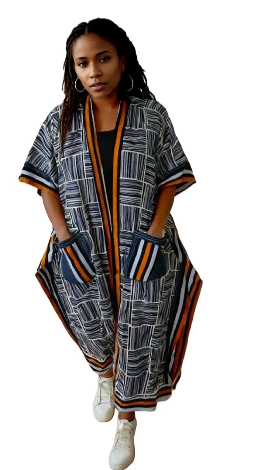 Elegant Monochrome Maze Kimono with Bold Orange Lapels