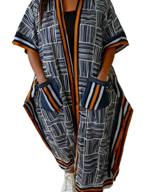 Elegant Monochrome Maze Kimono with Bold Orange Lapels