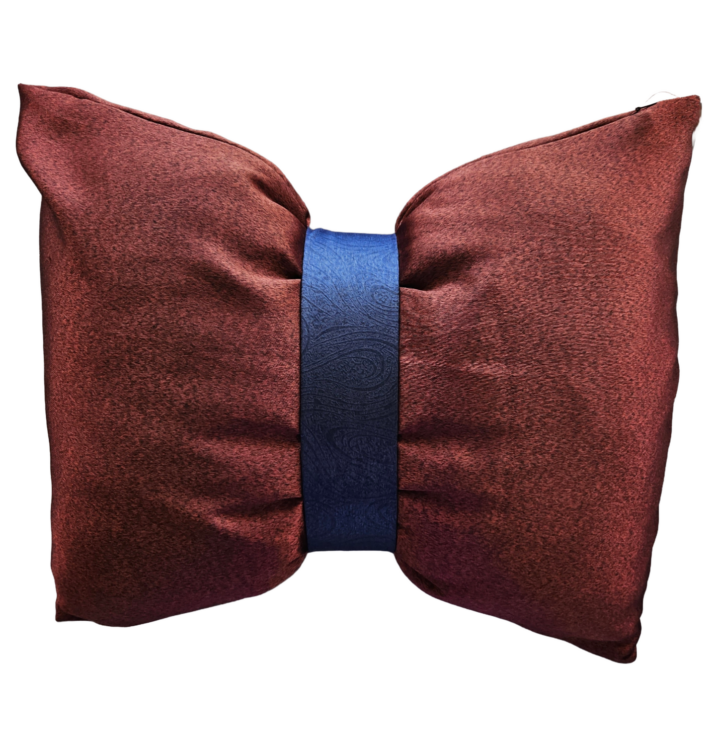 Wine bow-shaped pillow with a blue band on a white background