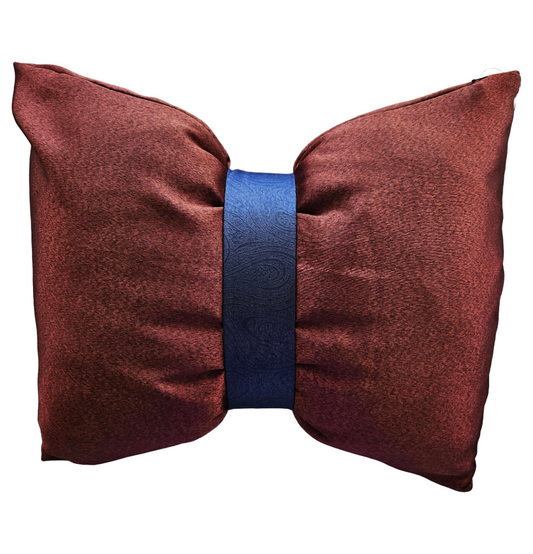 Wine bow-shaped pillow with a blue band on a white background