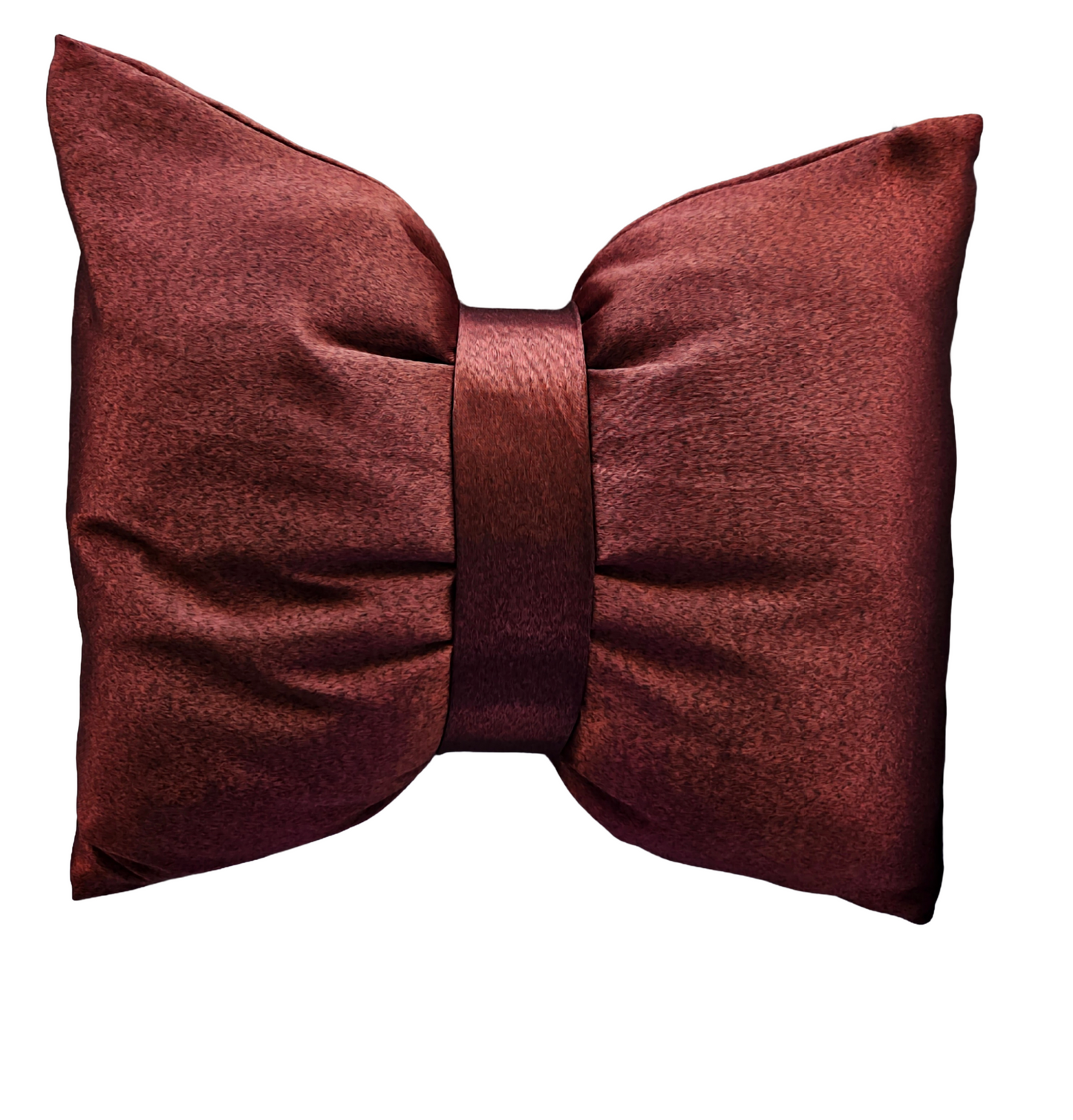 Maroon bow-shaped pillow on a white background