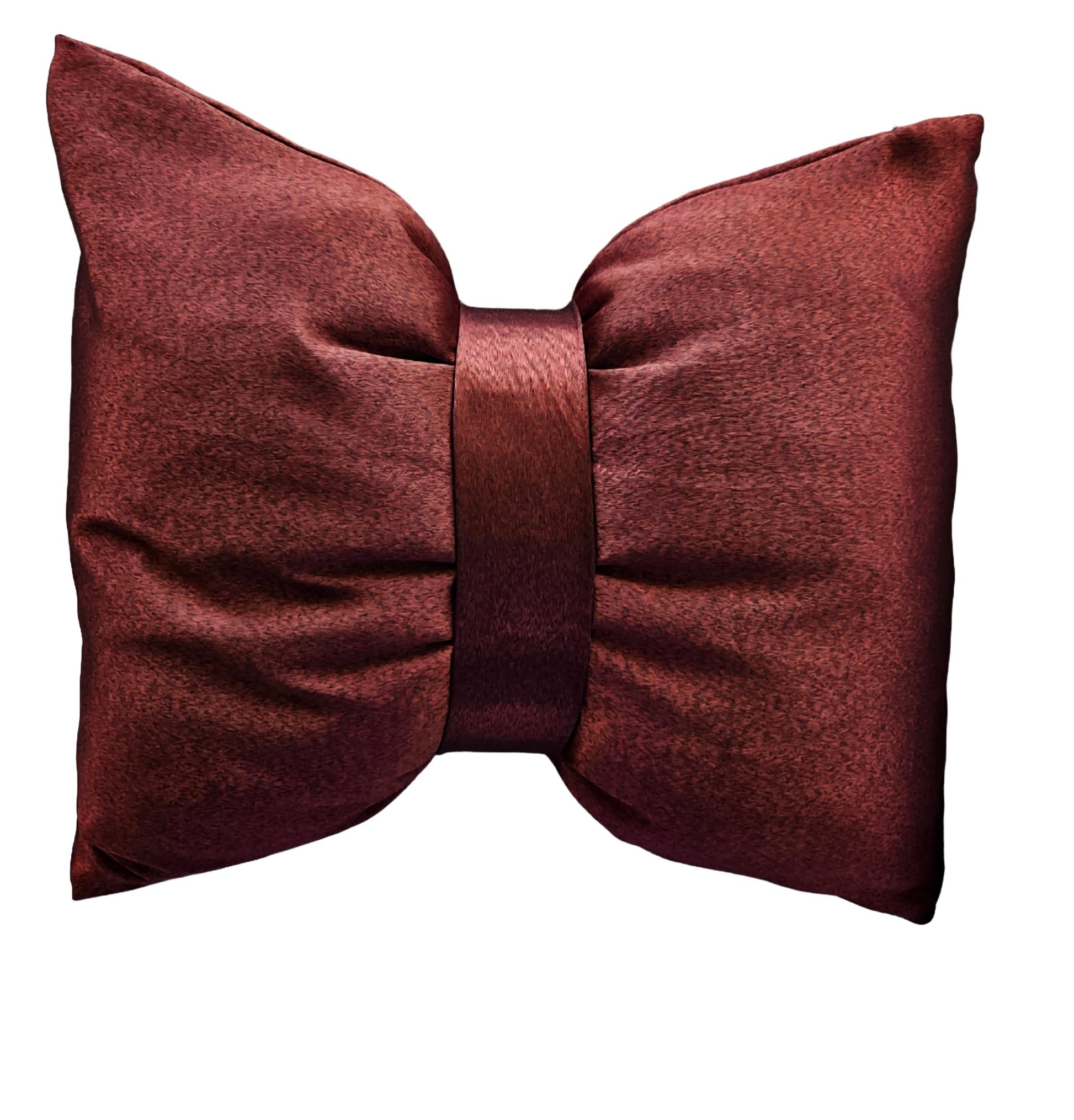 Maroon bow-shaped pillow on a white background