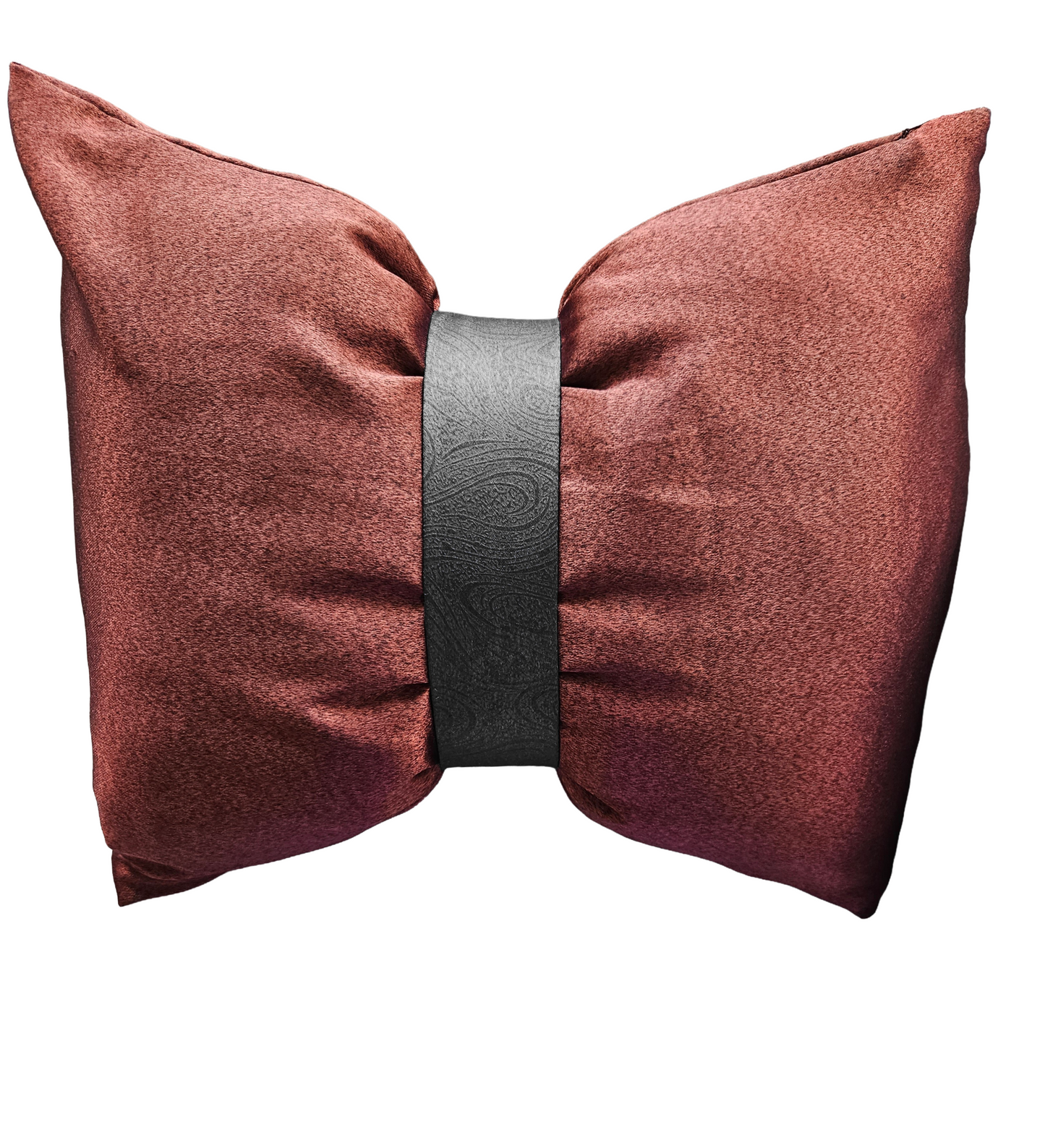 Maroon fabric bow with a black band on a white background