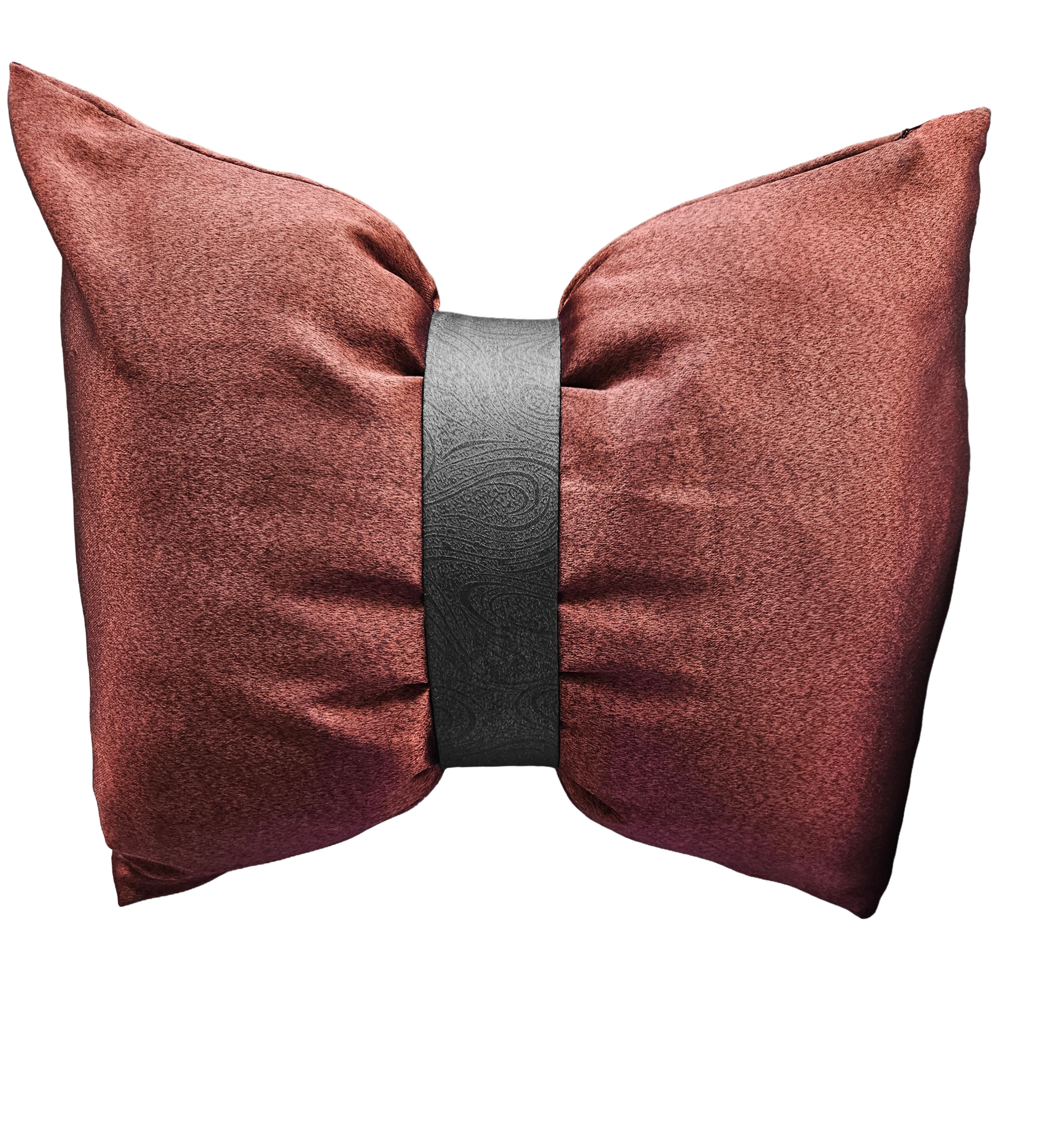 Maroon fabric bow with a black band on a white background