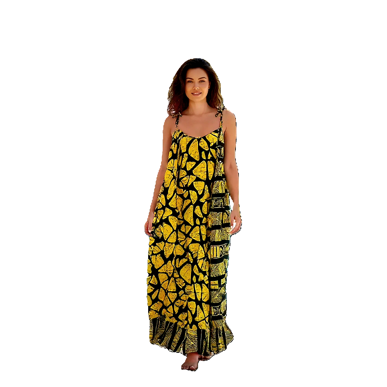 Plus-Size Timeless Floral Print Maxi Kimono Boho Yellow Dress, Sleeveless Summer, Vacation Dress with Spaghetti Tie-Strap, Kaftan
