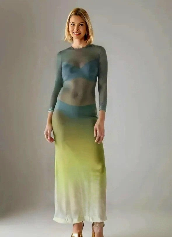 Olive Glow – Elegant Ombre Mesh Maxi Dress