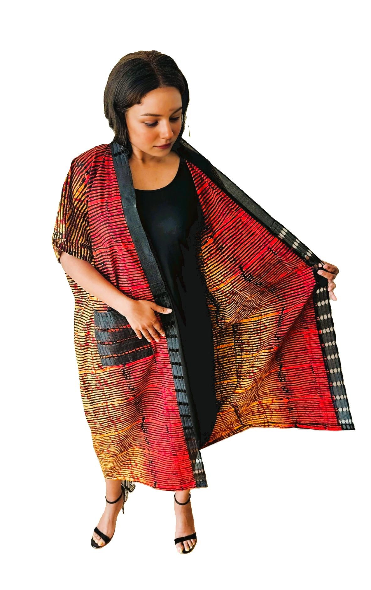 Elegant Safari Black & Red Kimono With Aso-Oke