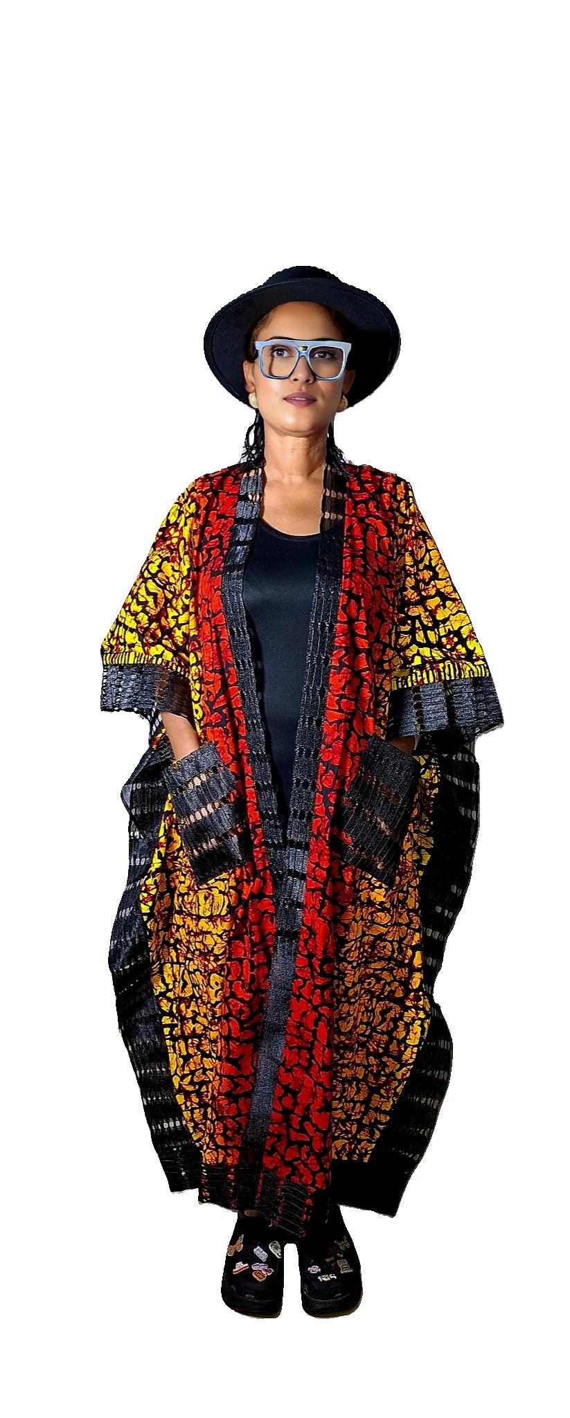 Elegant Sunset Blaze Safari Kimono with Bold Intricate Black Aso-Oke Details