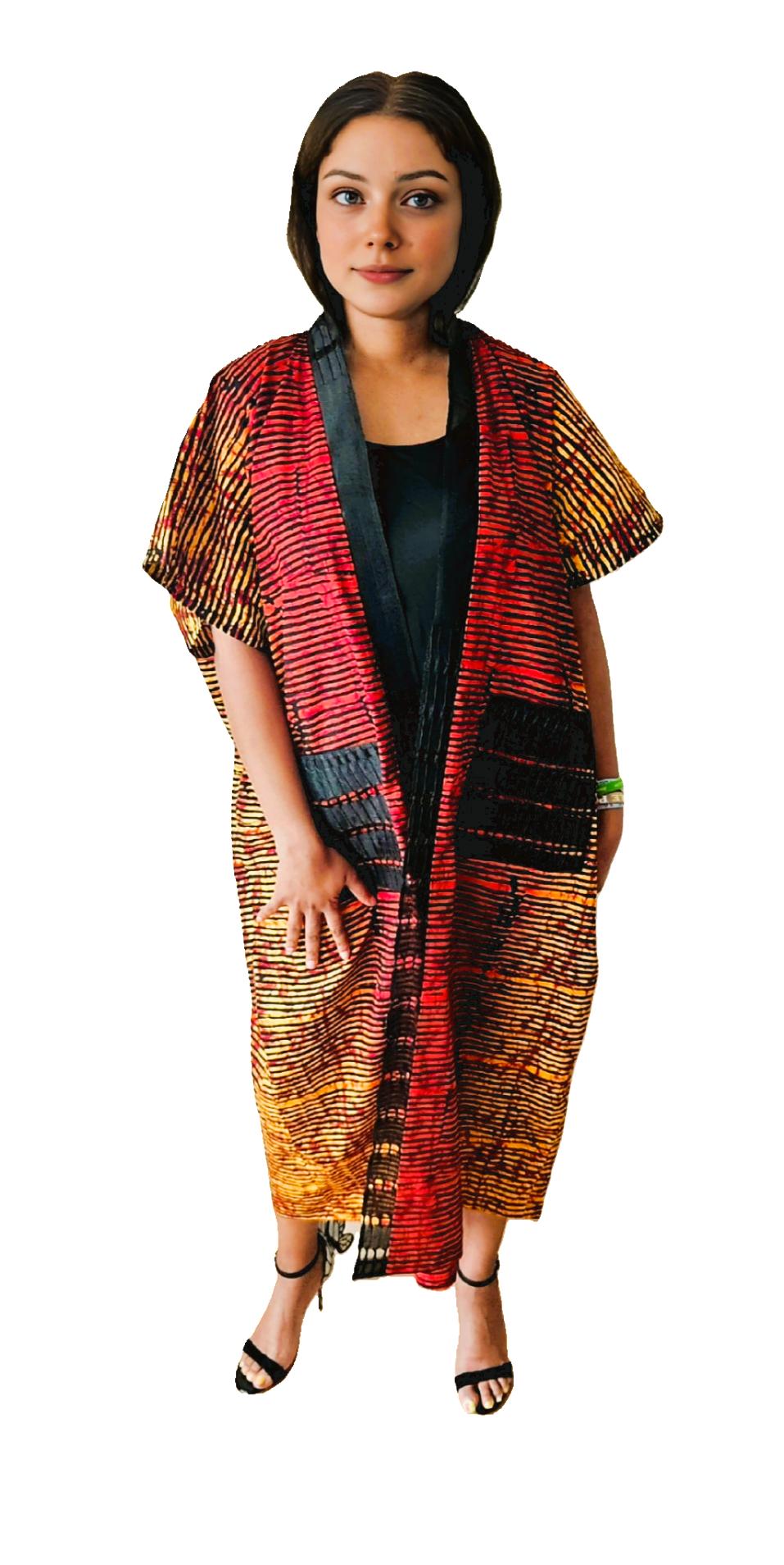 Elegant Safari Black & Red Kimono With Aso-Oke